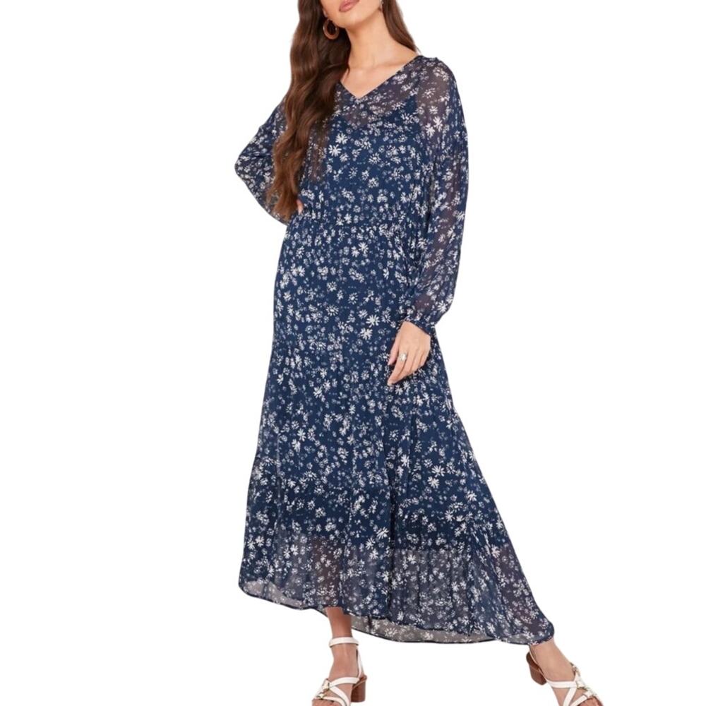 Free People Navy White Floral Long Sleeve Back Tie Blouson Bohemian Midi Dress